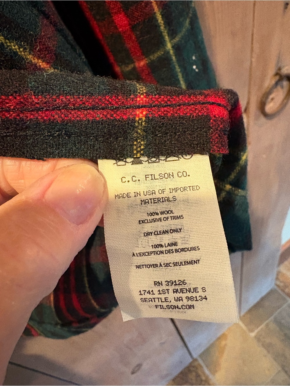 Filson Green Red Plaid Flannel Button-Down Shirt - Picture 3 of 5